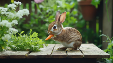 This delightful image captures a small brown rabbit happily nibbling on a carrot while sitting amidst vibrant greenery in a peaceful garden.の素材
