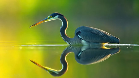 A stunning great blue heron stands gracefully in still water, surrounded by lush greenery. The serene reflection creates a captivating scene, symbolizing nature's elegance.の素材