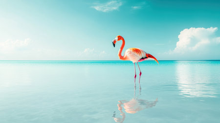 A stunning flamingo gracefully stands in crystal-clear turquoise waters, reflecting tranquility under a bright sky, embodying tropical beauty and serenity.の素材