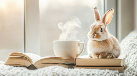 This enchanting scene features a fluffy rabbit sitting on a stack of books beside a steaming coffee cup, illuminated by gentle morning light filtering through a window.の素材