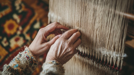 A close-up view of skilled hands engaged in the art of weaving on a loom, showcasing delicate techniques and intricate textile patterns.の素材