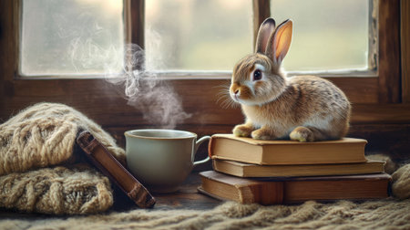 A charming indoor setting featuring a cute rabbit perched on stacked books next to a steaming cup. Soft light filters through the window, creating a serene atmosphere perfect for relaxation and comfort. Ideal for cozy lifestyle themes.の素材