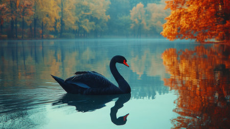 A captivating black swan glides effortlessly across a serene lake, surrounded by stunning autumn colors and soft morning mist, creating a peaceful ambiance.の素材