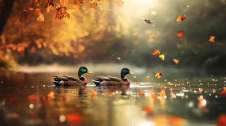 A picturesque scene featuring two colorful ducks swimming peacefully in a serene lake. Surrounding autumn leaves and soft morning light enhance the tranquil atmosphere.の素材