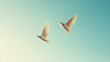 Two elegant birds are captured mid-flight against a vibrant blue sky, symbolizing freedom and tranquility in a serene outdoor setting.の素材