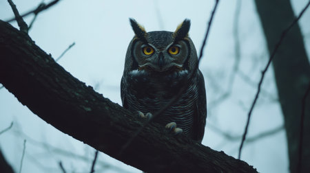 An enchanting portrait of an owl sitting on a branch in a misty forest, showcasing its elaborate features and captivating gaze in a serene natural environment.の素材
