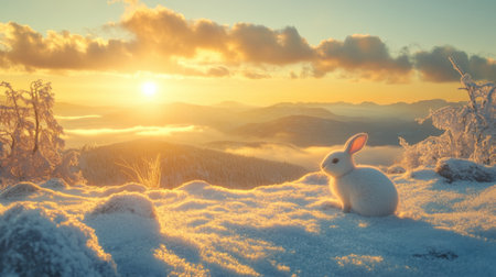 A serene winter landscape featuring a fluffy white rabbit sitting on snow, illuminated by a golden sunrise over majestic mountains.の素材