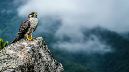 A stunning falcon stands majestically atop a rocky outcrop, gazing into the distance amidst a backdrop of misty mountains, showcasing its remarkable features.の素材