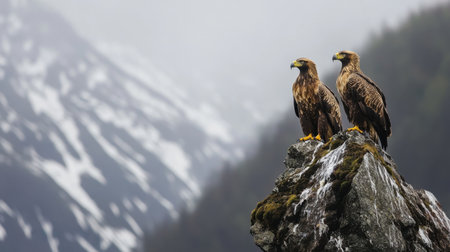 This stunning photograph showcases two golden eagles perched confidently on a rocky ledge, surrounded by a breathtaking misty mountain scene.の素材