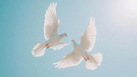 Captivating image of two white doves soaring in the sky, their wings spread wide, symbolizing peace and freedom. A beautiful moment captured in nature.の素材
