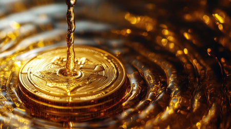 A stunning close-up image featuring a golden coin submerged in water, creating ripples that reflect shimmering light, symbolizing wealth and luxury.の素材