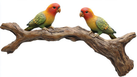 This vibrant sculpture features two beautifully painted tropical parrots perched on a natural branch. Ideal for art lovers or nature enthusiasts.の素材