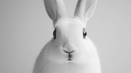A stunning close-up of a soft white rabbit with fluffy fur, showcasing its expressive eyes and delicate features in a minimalist black and white style.の素材