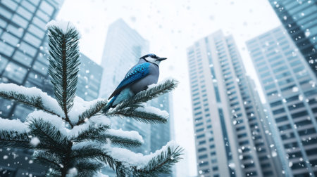 A stunning urban winter scene featuring a blue jay perched on a snow-covered pine branch with a backdrop of towering skyscrapers and falling snowflakes.の素材