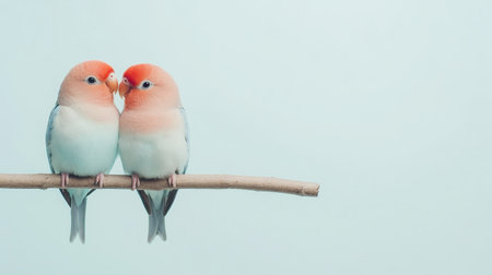 This enchanting image features two colorful lovebirds gently touching their beaks while perched on a branch, set against a soft blue background.の素材