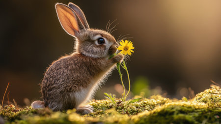A sweet baby rabbit gently holds a bright yellow flower in its tiny paws, set against a lush green background reflecting the magic of nature.の素材