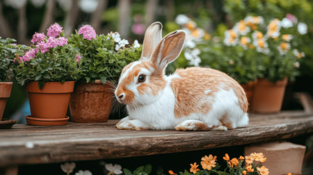 A charming brown and white rabbit relaxes on a rustic wooden table, surrounded by vibrant flower pots. This serene garden scene captures nature's beauty.の素材