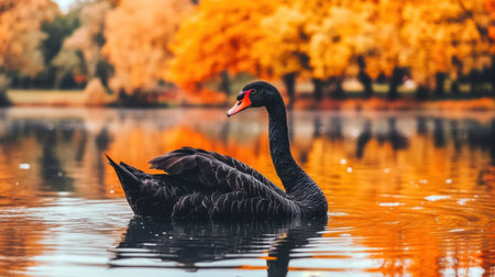 A stunning black swan gracefully swims through a calm lake, surrounded by vibrant autumn colors. The golden and orange foliage reflects beautifully on the water's surface, creating a serene and picturesque scene perfect for nature lovers.の素材