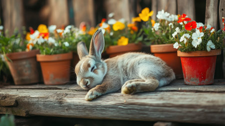 A charming brown rabbit peacefully sleeps among vibrant flower pots in a lovely garden setting. This serene scene captures the beauty of nature and relaxation.の素材