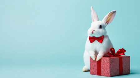 This charming image features a cute white rabbit wearing a red bow tie, sitting next to an elegantly wrapped gift box on a soft blue background, perfect for holidays.の素材