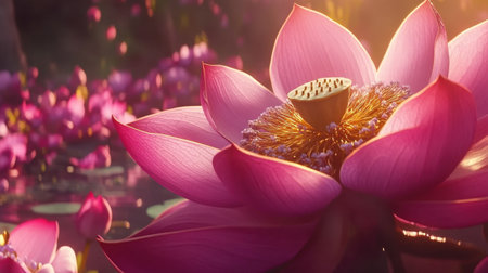 A stunning close-up of a vibrant pink lotus flower set in a tranquil water garden. The delicate petals bask in soft sunlight, creating a serene atmosphere.の素材