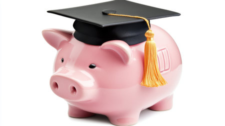 A charming piggy bank adorned with a graduation cap that highlights the importance of saving money for education and future success in life.の素材
