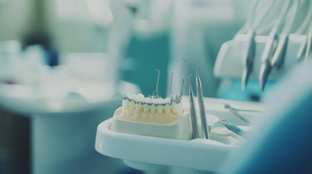 A close-up view of dental tools and a model of teeth positioned in a dental clinic, illustrating a professional environment focused on patient care and oral health.の素材