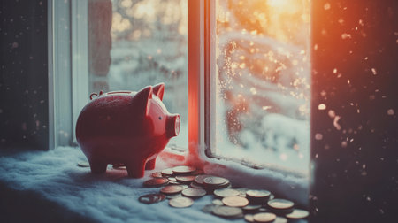 A charming scene featuring a piggy bank next to a window with scattered coins and soft sunlight filtering through, evoking a cozy winter atmosphere.の素材