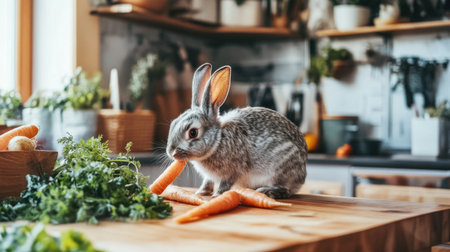 A charming gray rabbit enjoying fresh carrots in a cozy kitchen. This delightful scene features vibrant plants and warm natural light, perfect for animal lovers.の素材