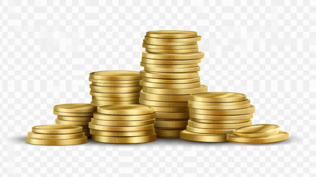 A vibrant illustration of stacks of shiny gold coins against a transparent background, perfect for use in financial, business, and investment concepts.の素材