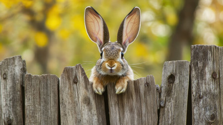 A playful rabbit peeks over a rustic wooden fence, surrounded by vibrant autumn leaves, capturing a moment of curiosity and innocence in nature.の素材