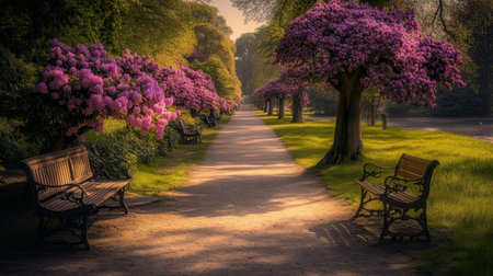 A picturesque park pathway lined with vibrant purple flowers and sunlit benches invites visitors to enjoy a peaceful outdoor escape in nature.の素材