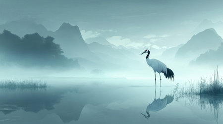 A tranquil scene featuring a majestic crane standing in still waters, surrounded by misty mountains and soft dawn light. Perfect for nature enthusiasts.の素材