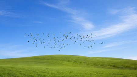 A picturesque landscape featuring lush green hills beneath a bright blue sky, with a flock of birds soaring gracefully, capturing the essence of tranquility.の素材