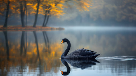 A solitary black swan gracefully swims on a calm lake, reflecting the vibrant autumn foliage and enveloped in a gentle mist. Perfect for nature lovers.の素材