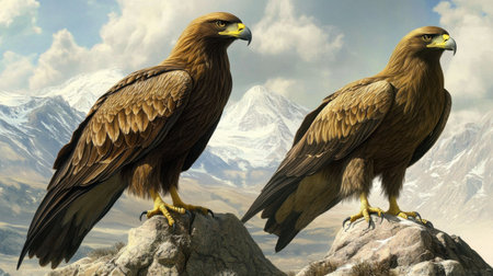Two majestic golden eagles stand proudly on rocky outcrops, showcasing their stunning plumage against a breathtaking mountain backdrop.の素材
