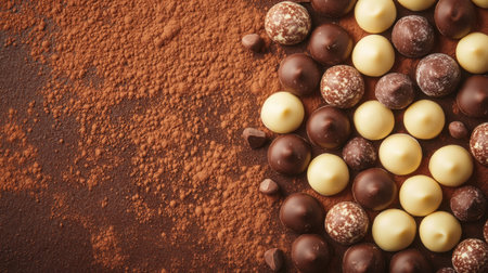A vibrant display of assorted chocolate spheres arranged artistically on a cocoa powder backdrop, showcasing rich textures and indulgent hues.の素材