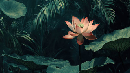 This stunning image features an elegant pink lotus flower standing tall among lush green leaves in a tranquil tropical jungle, evoking a sense of serenity.の素材