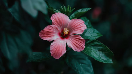 Experience the stunning beauty of a pink hibiscus flower captured in vivid detail, nestled among lush green leaves, embodying nature's charm.の素材