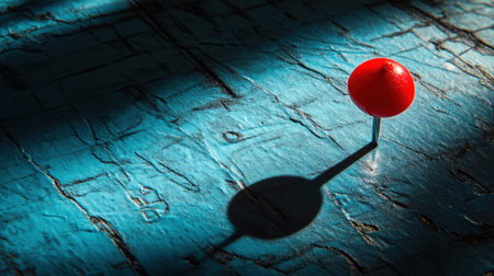 A striking image of a bright red push pin resting on a richly textured blue surface, casting a dramatic shadow, showcasing elements of color and light.の素材