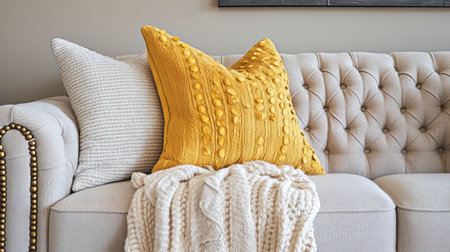 This beautiful living room features a stylish sofa adorned with a vibrant yellow textured cushion and a cozy knitted throw, creating a warm and inviting atmosphere.の素材