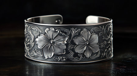 This elegant silver cuff bracelet features a beautiful floral design and intricate detailing, perfect for anyone seeking to enhance their fashion sense.の素材