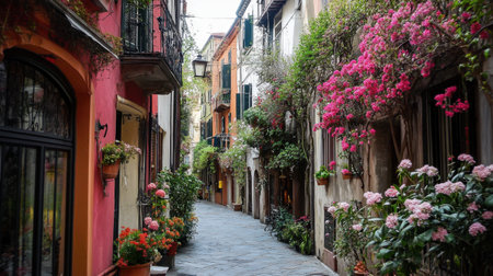 A serene alleyway lined with colorful buildings and blooming flowers creates a charming atmosphere perfect for leisurely strolls and exploration.の素材