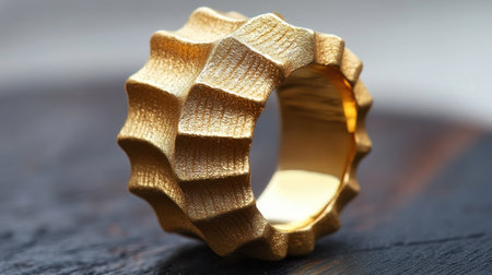 This stunning golden ring features a unique textured design and showcases exquisite craftsmanship, perfect for adding a touch of elegance to any outfit.の素材