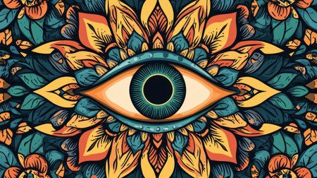 This striking illustration features a detailed eye at the center, enveloped by a rich tapestry of vibrant flowers and leaves, showcasing artistic creativity and beauty.の素材