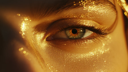 This stunning close-up image captures the intricate detail of an eye adorned with golden highlights and a shimmering skin texture, radiating beauty and elegance.の素材