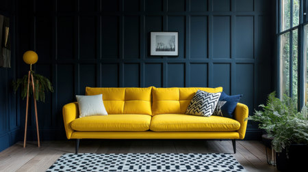 Vibrant yellow sofa in a modern living room featuring deep blue walls. The stylish arrangement includes decorative cushions and greenery, creating a cozy atmosphere.の素材