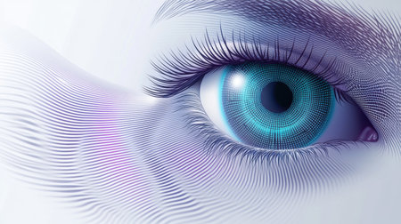 This stunning close-up image showcases a vibrant eye with intricate textures and colors, symbolizing technology and modern vision. Ideal for artistic and digital themes.の素材