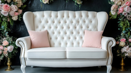 This striking image features an elegant white vintage sofa with soft pink pillows, beautifully framed by lush floral arrangements, perfect for stylish interior decor.の素材