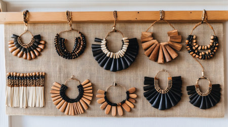 This image features an exquisite assortment of elegant earrings crafted from natural wood and black beads, showcased on a rustic background.の素材